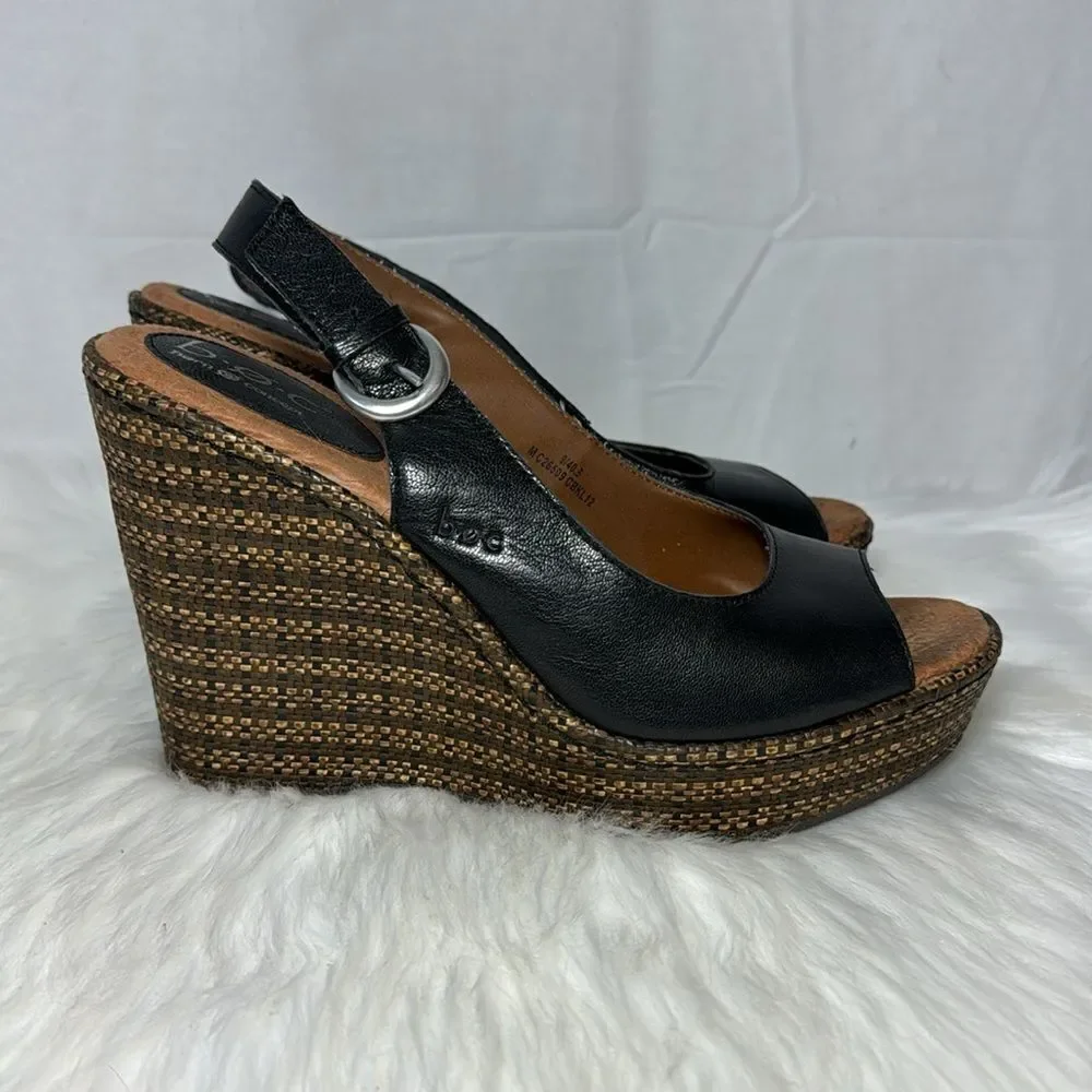 Born BOC Black Leather Raffia Wedge Peep‎ Toe Shoes Sz 9